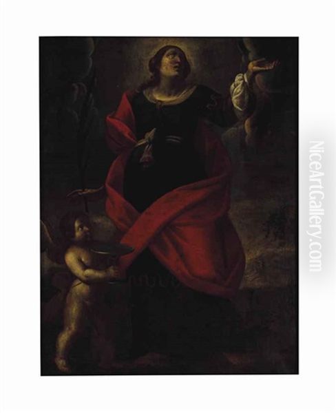 A Female Martyr Saint, Probably Saint Lucy, With An Angel In Attendance Oil Painting by Alessandro Tiarini