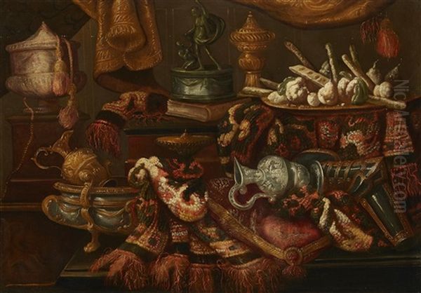 Still Life With Fabric, Sweetmeats, And Vessels Oil Painting by Antonio Tibaldi