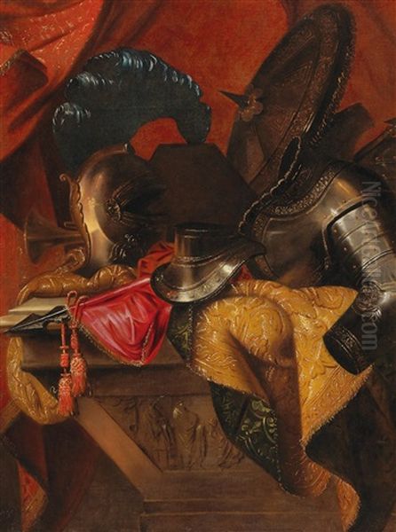 A Still Life With An Elaborately Decorated Helmet Oil Painting by Antonio Tibaldi