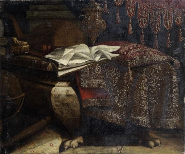 A Lute, Books And A Silver Gilt Cup And Cover On A Draped Stone Chest Before A Curtain Oil Painting by Antonio Tibaldi