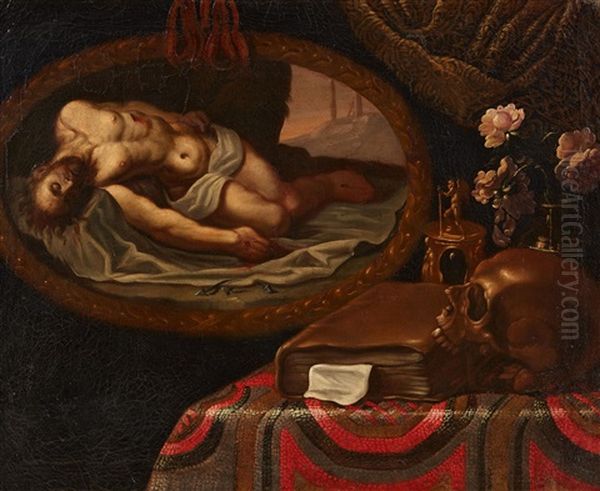 Pair Of Still Lifes With Paintings And Vanitas Symbols Oil Painting by Antonio Tibaldi