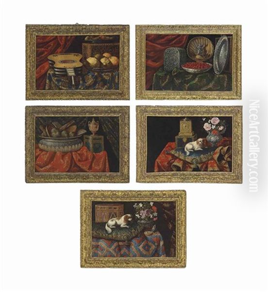 A Spaniel On An Embroidered Cushion, With A Pocket Watch And A Silver Vase With Flowers, On An Embroidered Cloth, On A Table (+ 4 Others, Similar; Set Of 5) Oil Painting by Antonio Tibaldi