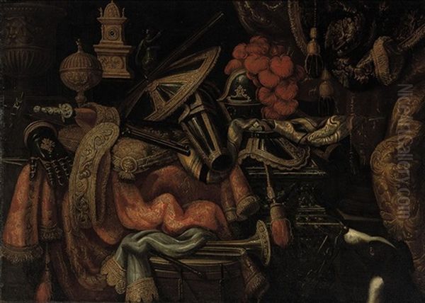 A Plumed Helmet, A Tilting Shield, A Mace And Other Arms And Armor On A Partly-draped Carved Marble Table, With A Hound Oil Painting by Antonio Tibaldi