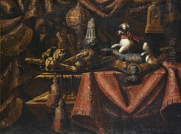 A Dog Resting On A Cushion (+ Another; 2 Works) Oil Painting by Antonio Tibaldi