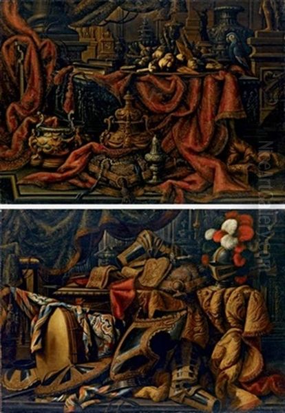 Argenteria, Vassoio Di Frutta E Dolciumi, Libri, Bronzetto Raffigurante, Pappagallo, Orologio E Drappi Damascati (+ Another; 2 Works) Oil Painting by Antonio Tibaldi