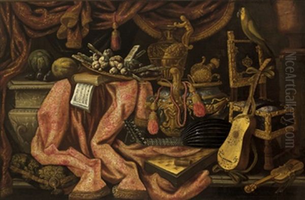 Natura Morta Con Tappeto, Tendaggi, Stumenti Musicali, Libri, Frutti, Dolciumi, Una Sedia E Un Pappagallo Oil Painting by Antonio Tibaldi