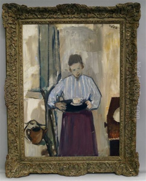 Woman With Tray Oil Painting by Geoffrey Tibble