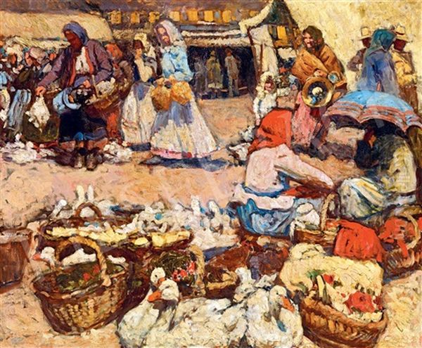 Market Scene Oil Painting by Erno Tibor