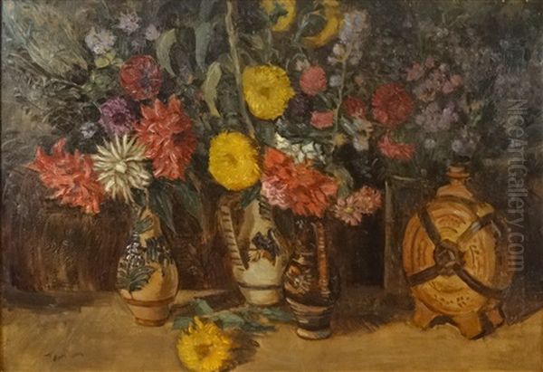 Peasant Ceramics And Flowers Oil Painting by Erno Tibor