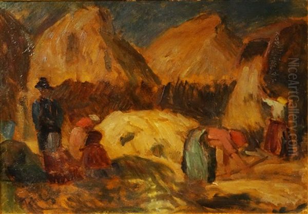 Threshing Oil Painting by Erno Tibor