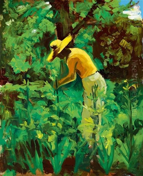 In The Sunny Garden (gardener With Straw Hat) Oil Painting by Erno Tibor