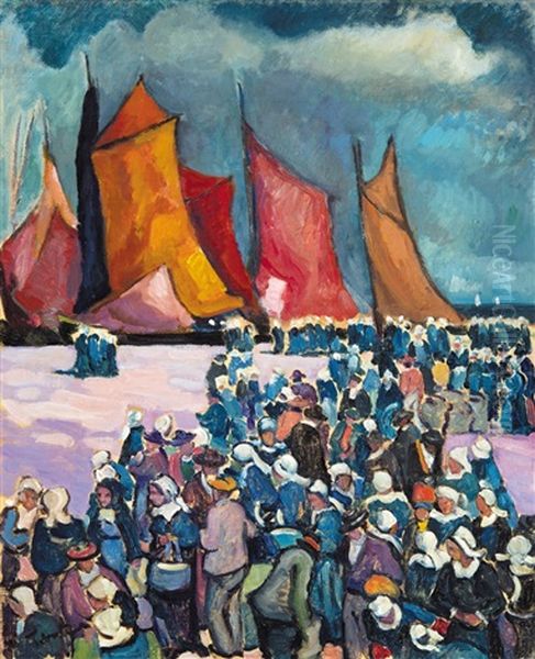 Scene In The Harbour Oil Painting by Erno Tibor