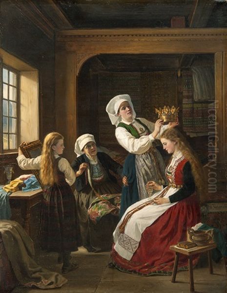 Brudepynting Oil Painting by Adolph Tidemand