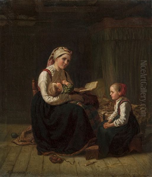 Morens Undervisning Oil Painting by Adolph Tidemand