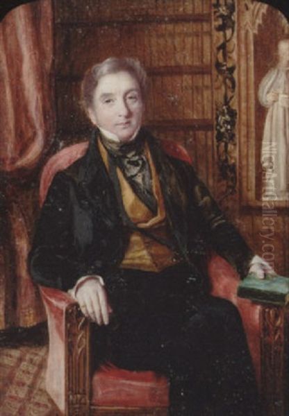 A Gentleman Wearing Black Suit, Ochre-coloured Waistcoat, Black Cravat With Gold Stickpin, He Holds A Green Covered Book, The Library Setting With Curtain... Oil Painting by Alfred Tidey