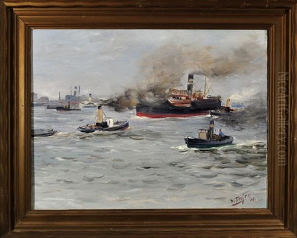 Hamburger Hafen Mit Dampfer Und Schleppern Oil Painting by Willy Tiedjen