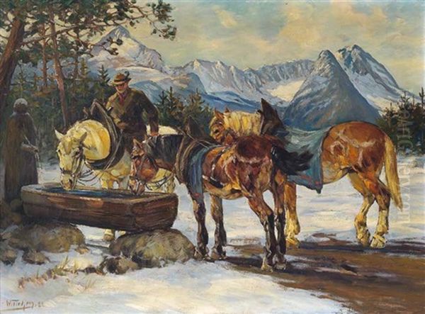 Fuhrleute In Winterlicher Landschaft Mit Ihren Pferden An Der Tranke, Im Hintergrund Das Wettersteingebirge Oil Painting by Willy Tiedjen