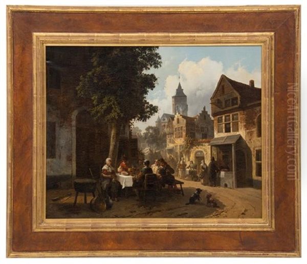 Figures Outside Tavern Oil Painting by Louis Tielemans