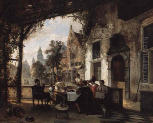 Repas Familial Sur Une Terrasse Oil Painting by Louis Tielemans