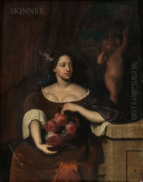 Seated Woman With A Bouquet Of Roses, A Figure Of Cupid Behind Her Oil Painting by Johannes (Jan) Tielius