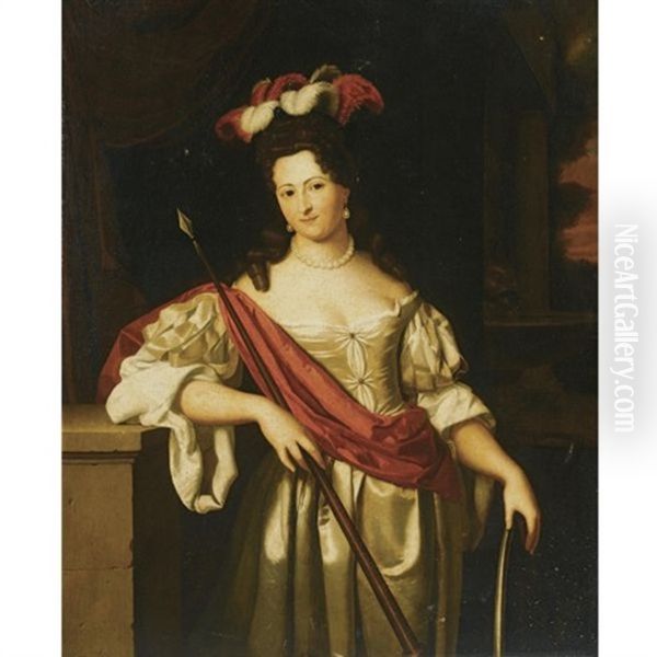 Portrait Of Isabella De Savornin As Minerva, Wearing A White Satin Dress With A Red Sash And A Plumed Hat Oil Painting by Johannes (Jan) Tielius