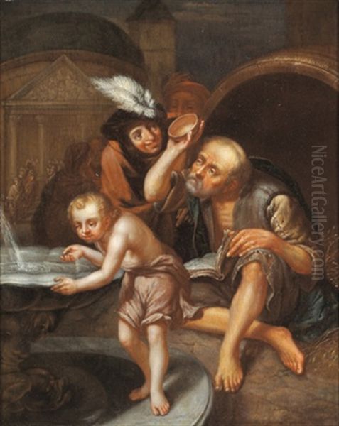 Diogenes Wirft Seine Schale Weg, Nachdem Er Einen Knaben Aus Der Hohlen Hand Trinken Sah Oil Painting by Johannes (Jan) Tielius