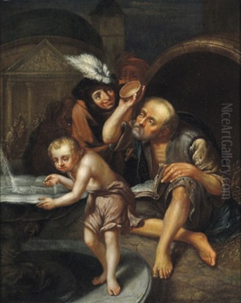 Diogenes Wirft Seine Schale Weg, Um Einen Knabe Zu Uberzeugen, Mit Der Hohlen Hand Zu Trinken Oil Painting by Johannes (Jan) Tielius