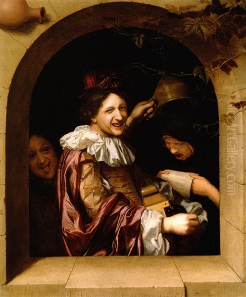 A Hurdy Gurdy Player With An Old Woman Singing And A Mocking Youth Oil Painting by Johannes (Jan) Tielius