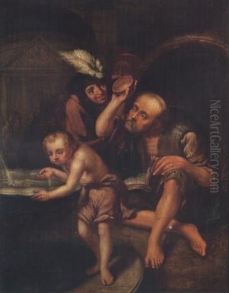 Diogenes Of Sinope Throwing Away His Bowl On Witnessing A Young Child Drinking Water From A Fountain With His Cupped Hand Oil Painting by Johannes (Jan) Tielius