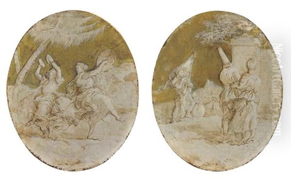 A Baccanale With Two Women Dancing In A Landscape; And Pulcinella With Two Other Figures From The Commedia Dell'arte In A Landscape (pair) Oil Painting by Giovanni Domenico Tiepolo