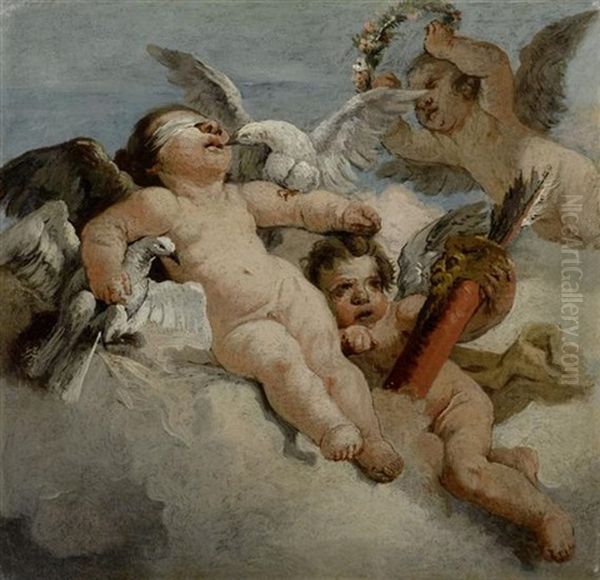 Fliegende Engel Mit Tauben Oil Painting by Lorenzo Baldissera Tiepolo