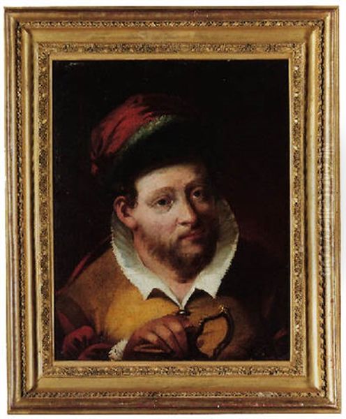 Portrait Of A Man Wearing A Red And Green Hat, Holding A Gilt Ewer Oil Painting by Lorenzo Baldissera Tiepolo