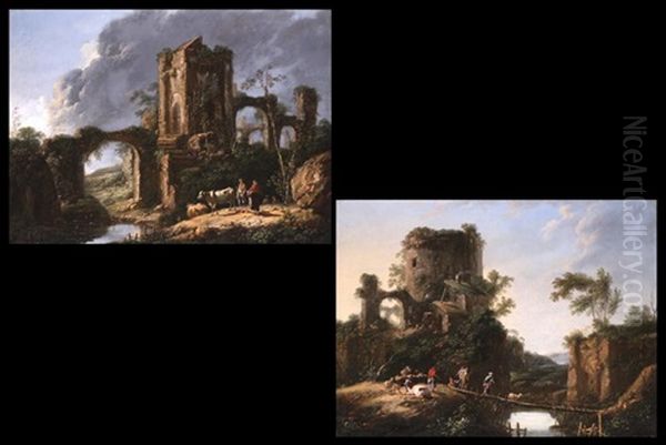 Landschaft Mit Ruinen Und Figurenstaffage (+ Another, Similar; Pair) Oil Painting by Jean-Baptiste Antoine Tierce