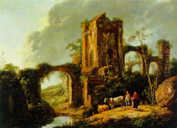 Landschaft Mit Ruinen Und Hirten Oil Painting by Jean-Baptiste Antoine Tierce