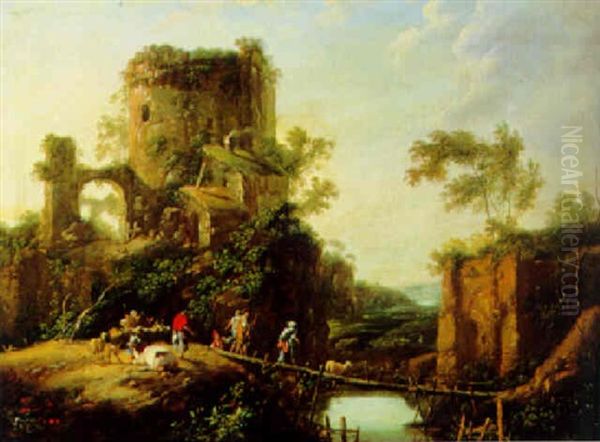 Landschaft Mit Turmruine Und Einem Steg Mit Reisenden Oil Painting by Jean-Baptiste Antoine Tierce