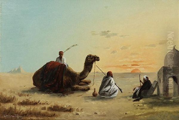 Orientalist Scene At Sunset With Figures And Camel Oil Painting by Louis Comfort Tiffany