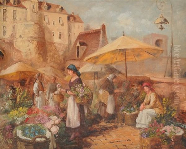 European Flower Market Oil Painting by Louis Comfort Tiffany