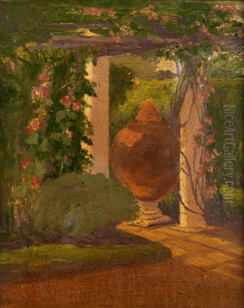 Garden Scene With A Trellis And A Large Urn Oil Painting by Louis Comfort Tiffany