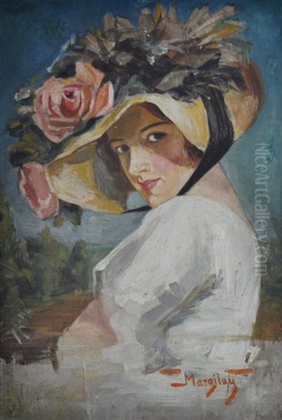 Portrait Of A Young Lady With Floral Bonnet Oil Painting by Margilay Von Tihamer