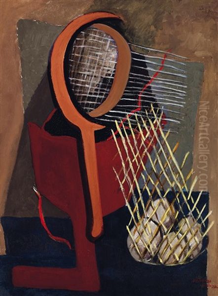 Stil-life With Tennis Racket Oil Painting by Lajos (Ludwig) Tihanyi