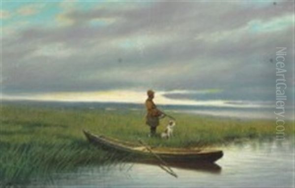 A Russian Hunter With His Dog At A Coast Oil Painting by Efim A. Tikhmenev