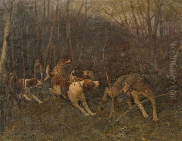 Dogs And A Wolf Oil Painting by Efim A. Tikhmenev