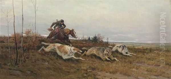 Wolf Hunting With Borzois Oil Painting by Efim A. Tikhmenev