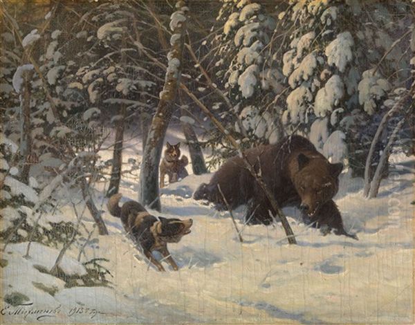 Bear Hunt Oil Painting by Efim A. Tikhmenev