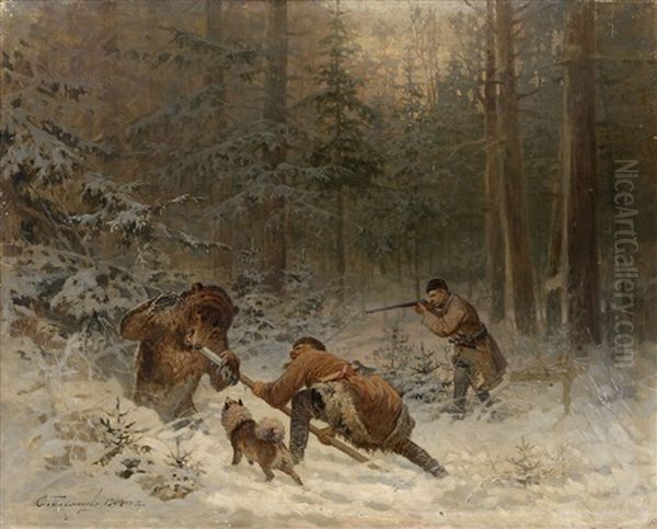 Bear Hunt Oil Painting by Efim A. Tikhmenev