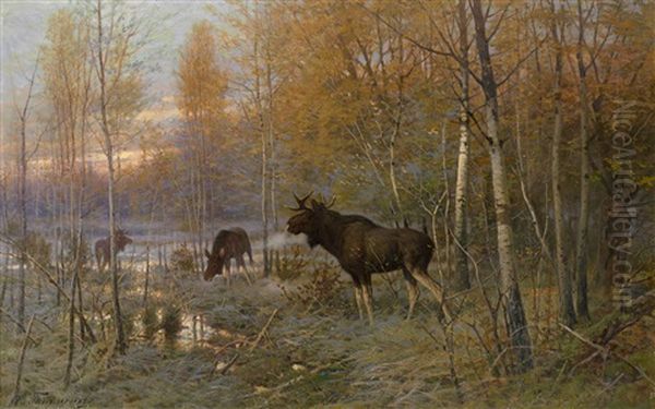 Elk In The Forest Oil Painting by Efim A. Tikhmenev