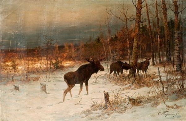 Elks In Winter Oil Painting by Efim A. Tikhmenev