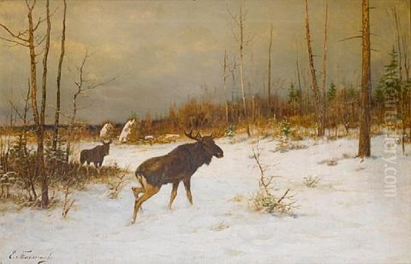 Moose In A Snowy Clearing Oil Painting by Efim A. Tikhmenev