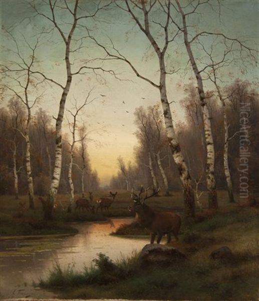 Elk Among The Trees Oil Painting by Efim A. Tikhmenev