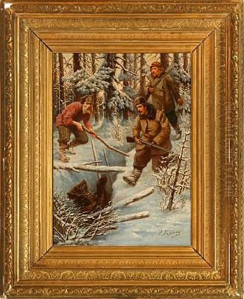 Russian Bear Hunt Scene Oil Painting by Efim A. Tikhmenev